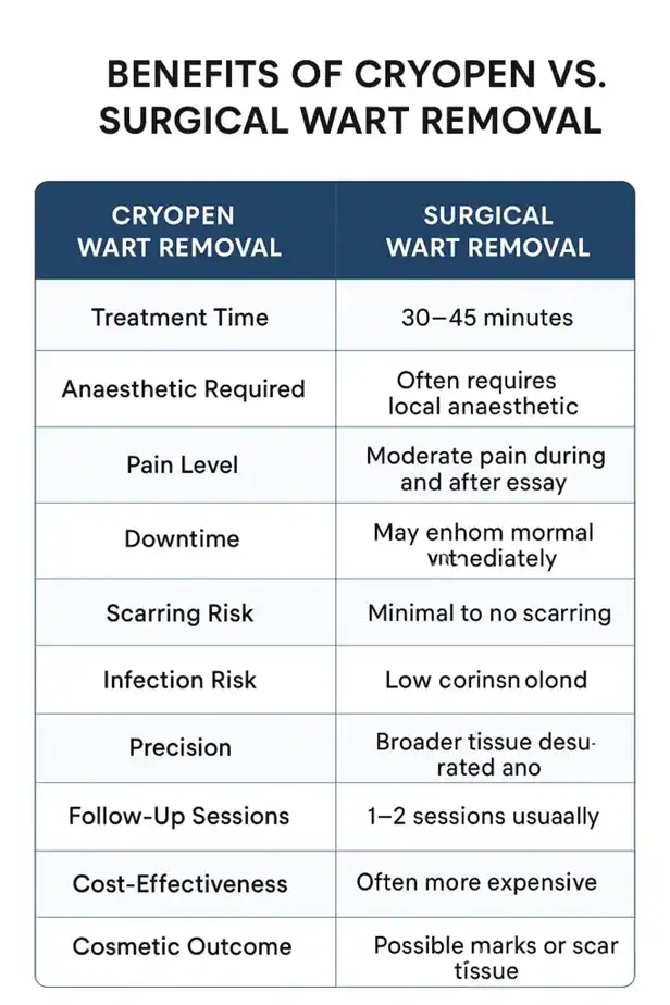 Table showing the benefits of cryopen to remove warts Uxbridge compared to surgical treatment